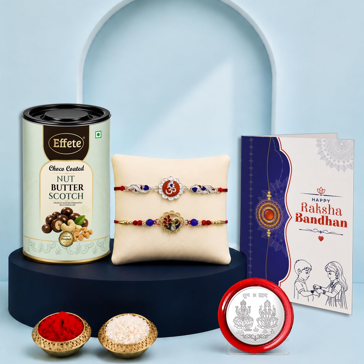 Floral Rakhi for Brother with Butter Scotch 96gm, Roli Tikka & Card, Pack of 6