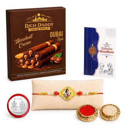 Krishna Rakhi for Brother with Hazelnut Wafer Rolls, Roli Tikka & Card, Pack of 5