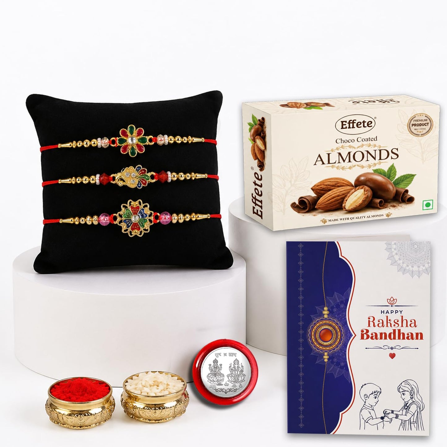 Flower Rakhi for Brother with Choco Almonds 32gm, Roli Tikka & Card | Pack of 7