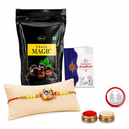 Radhe Krishna Rakhi Combo - Raksha Bandhan Gift with Choco Magic Standy Pouch, Pack of 5