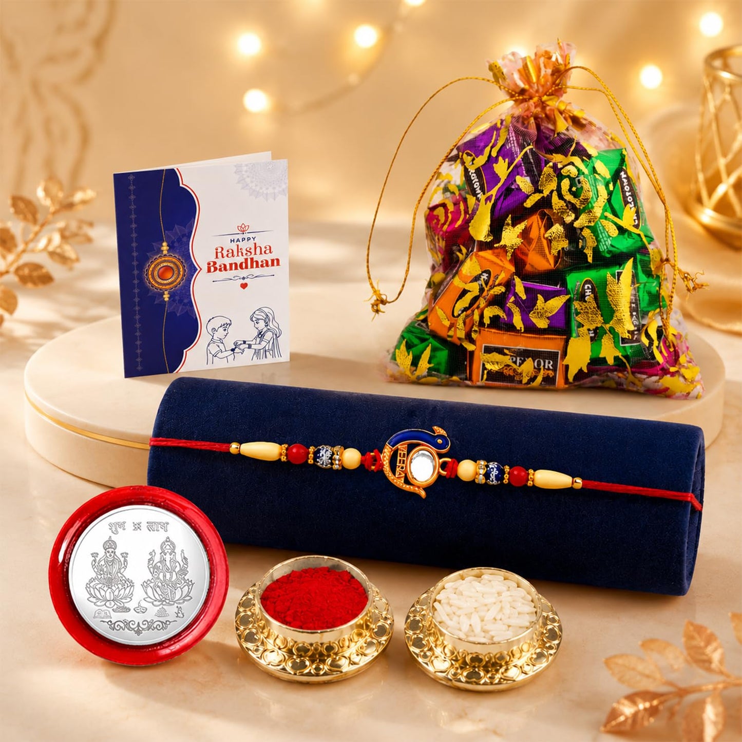 Peacock Rakhi for Brother with Assorted Treats, Roli Tikka & Card | Pack of 5
