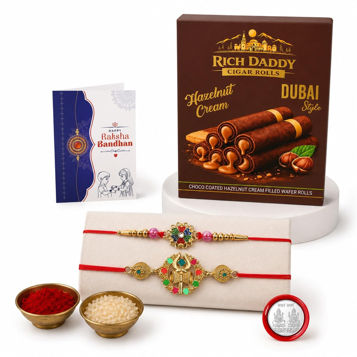 Floral Charm Rakhi for Brother with Hazelnut Wafer Rolls, Coin & Card, Pack of 6