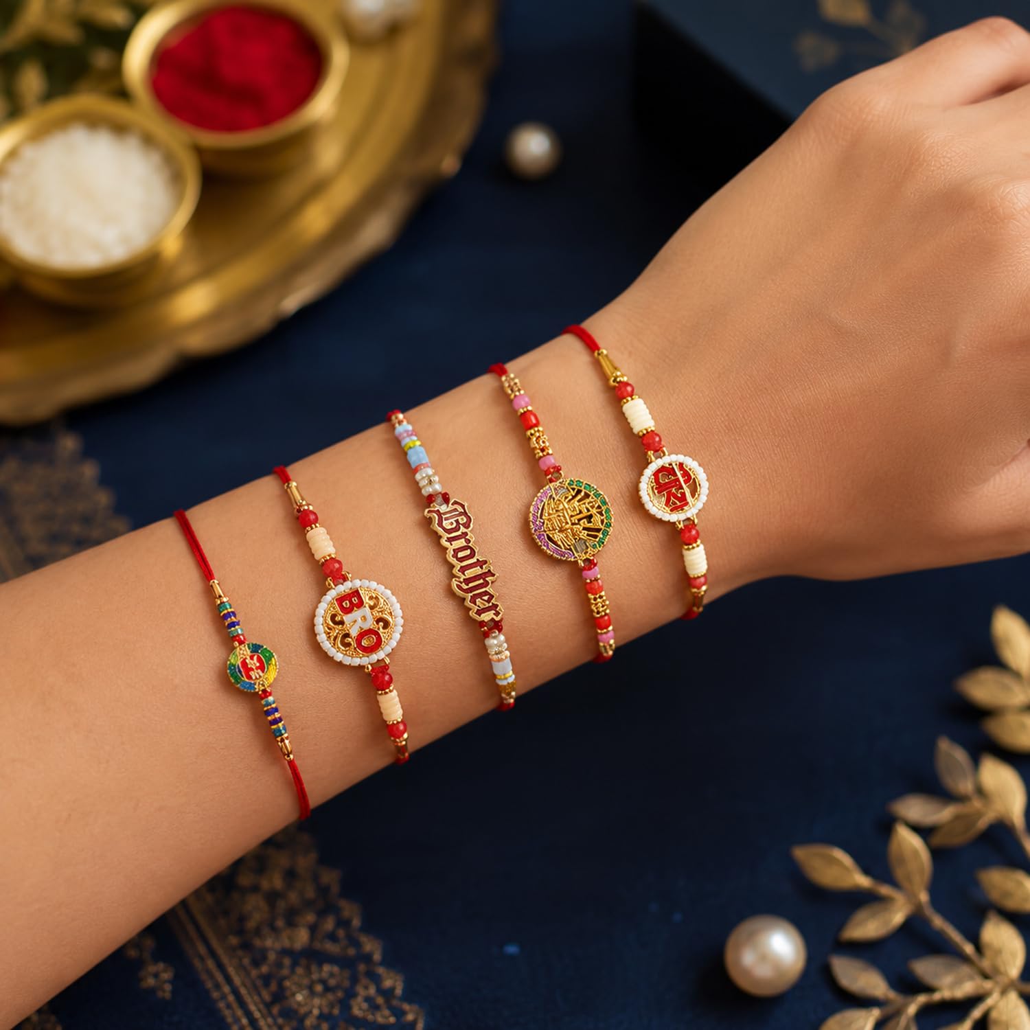 Handcrafted Elegant Rakhi for Brother with Roli Tikka & Greeting Card, Pack of 8