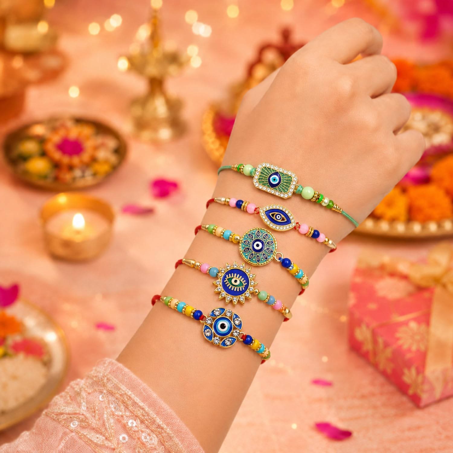 Designer Charming Rakhi for Brother with Roli Tikka, Pooja Coin & Card, Pack of 8