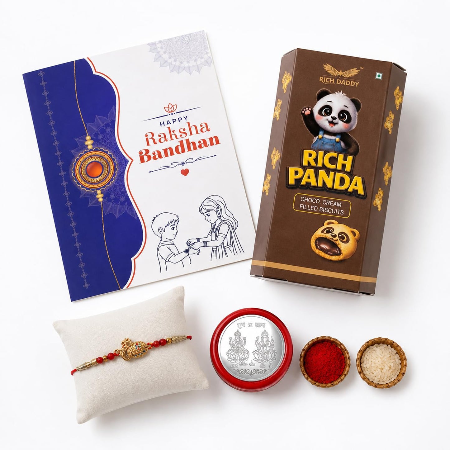 Om Rakhi Combo - Raksha Bandhan Gift with Choco Cream Biscuit 60gm, Pack of 5 | Rakhi Gift
