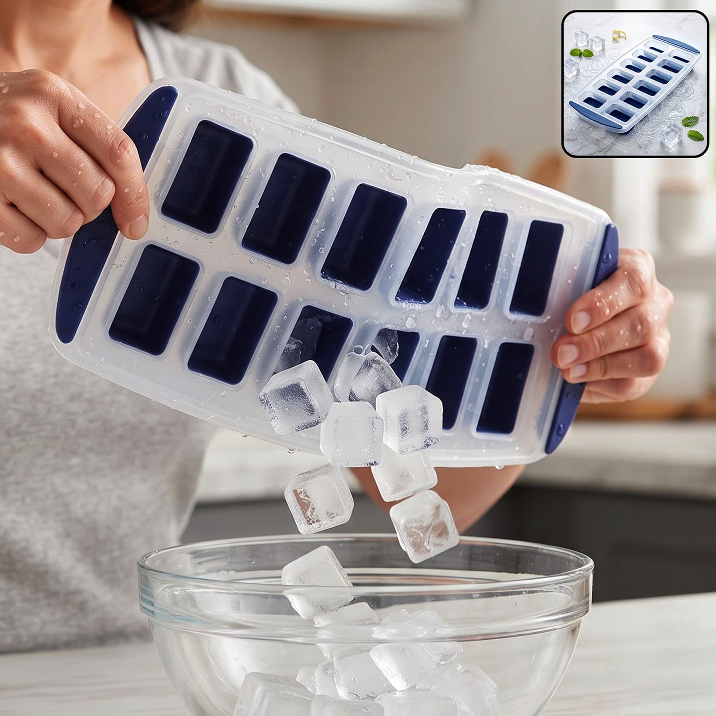Plastic ice cube tray releasing ice cubes
