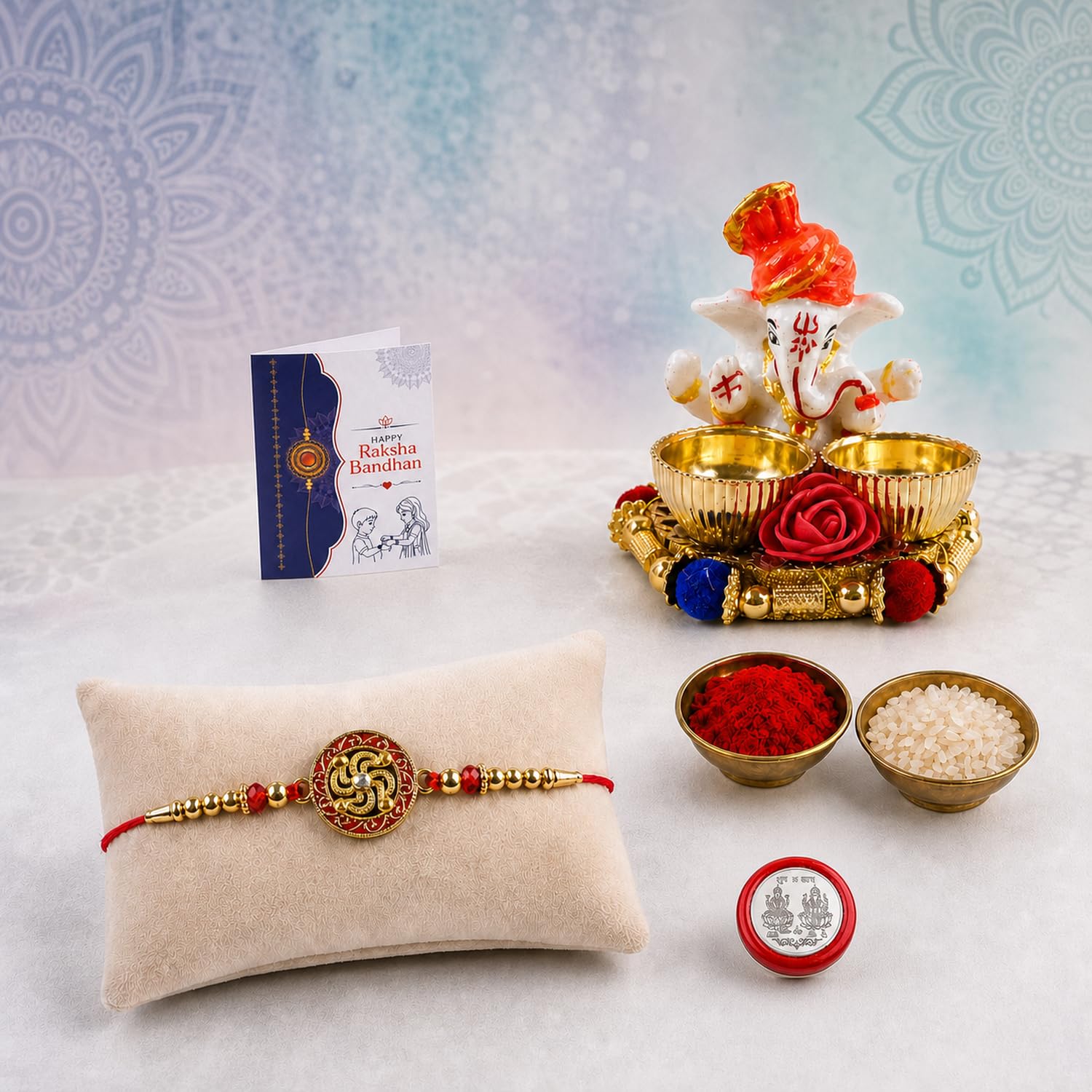 Golden Swastik Multicolor Rakhi for Brother & Bhaiya with Ganesha | Pack of 5