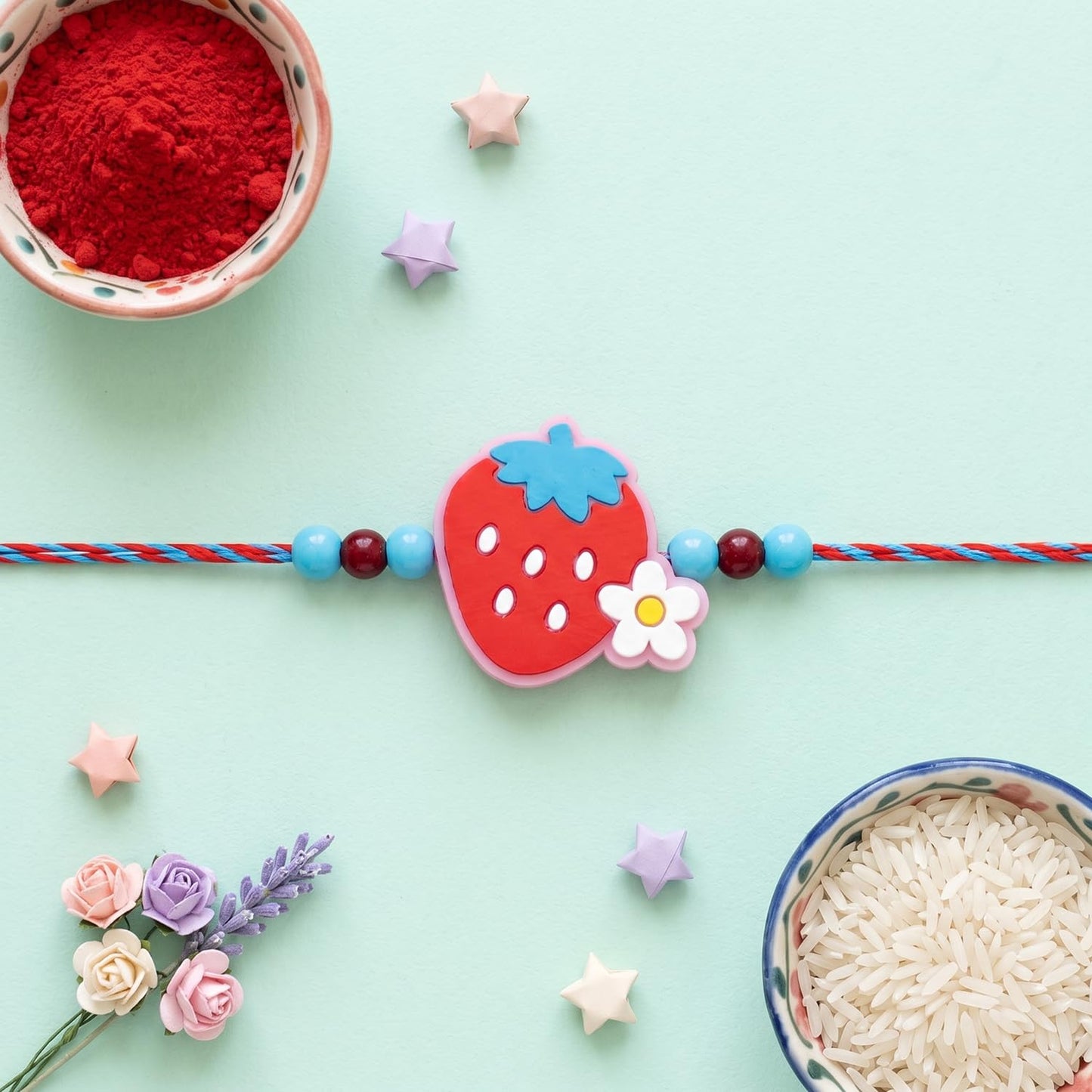 Strawberry Rakhi for Brother with Choco Beats 32gm, Roli Chawal & Card, Pack of 5
