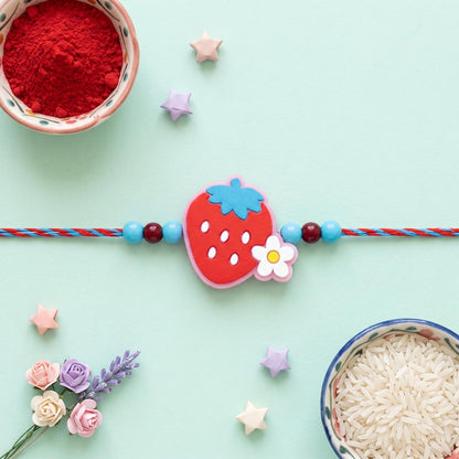 Strawberry Rakhi for Brother with Choco Beats 32gm, Roli Chawal & Card, Pack of 5