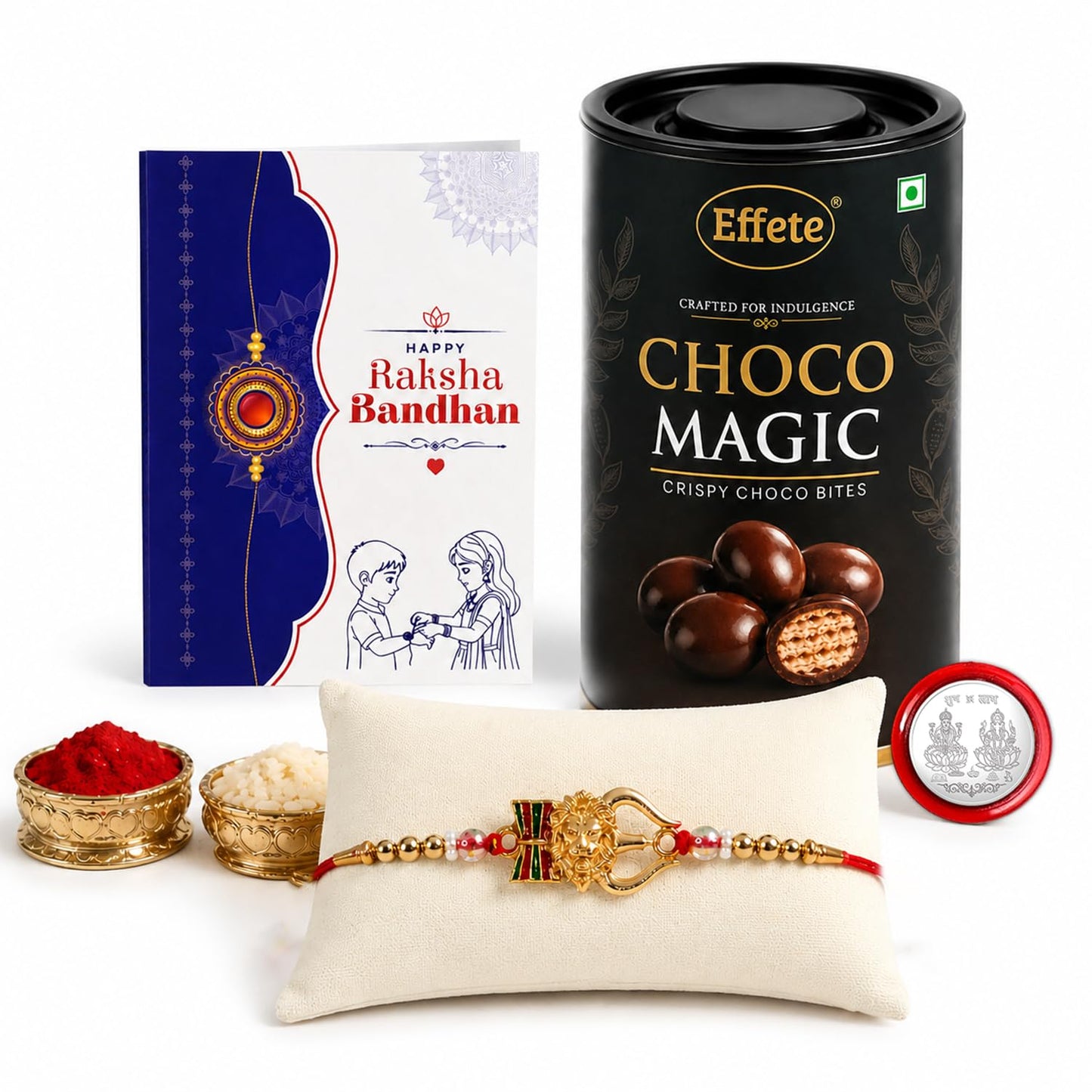 Lion Multicolor Rakhi & Chocolate Magic 96gm with Roli Chawal, Silver Color Pooja Coin & Greeting Card, Rakshbandhan Combo, Rakhi & Chocolate, Pack of 5 For Raksha Bandhan