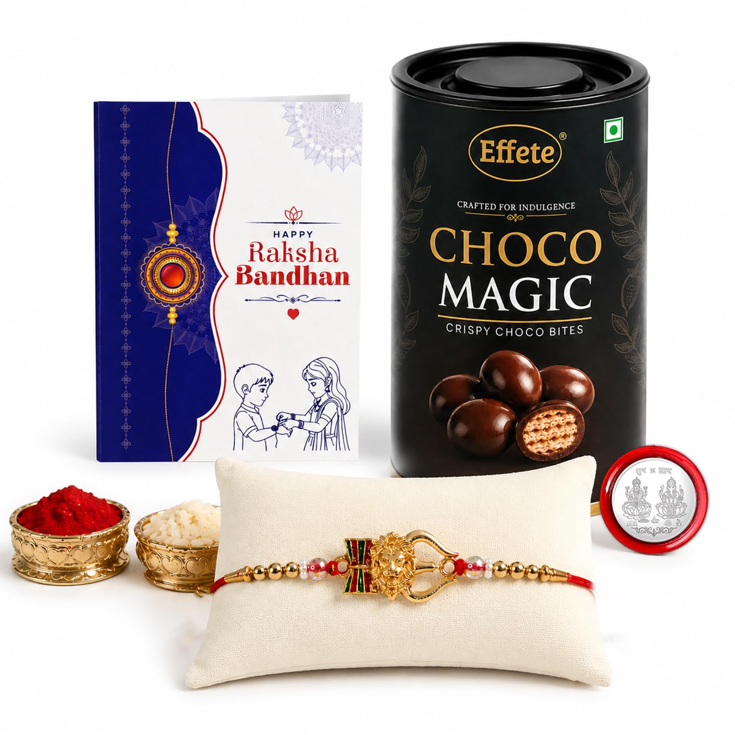 Lion Multicolor Rakhi & Chocolate Magic 96gm with Roli Chawal, Silver Color Pooja Coin & Greeting Card, Rakshbandhan Combo, Rakhi & Chocolate, Pack of 5 For Raksha Bandhan