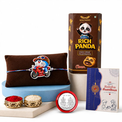 Kids Blue Bike Cat Rakhi for Brother with Chocolate Cream Biscuit 60gm, Pack of 5