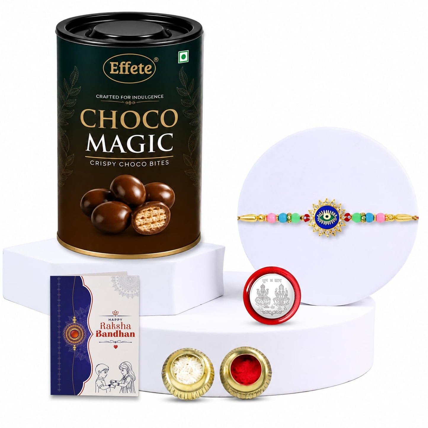 Evil Eye Elegant Rakhi for Brother with Choco Magic 96gm, Coin & Card, Pack of 5