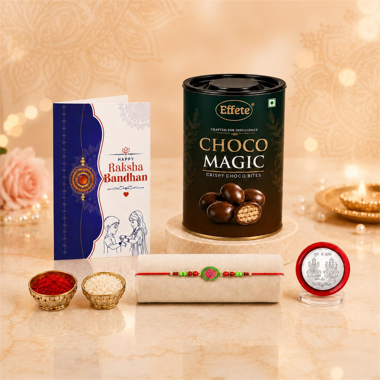 Om Rakhi for Brother with Choco Magic 96gm, Roli Tikka & Greeting Card, Pack of 5