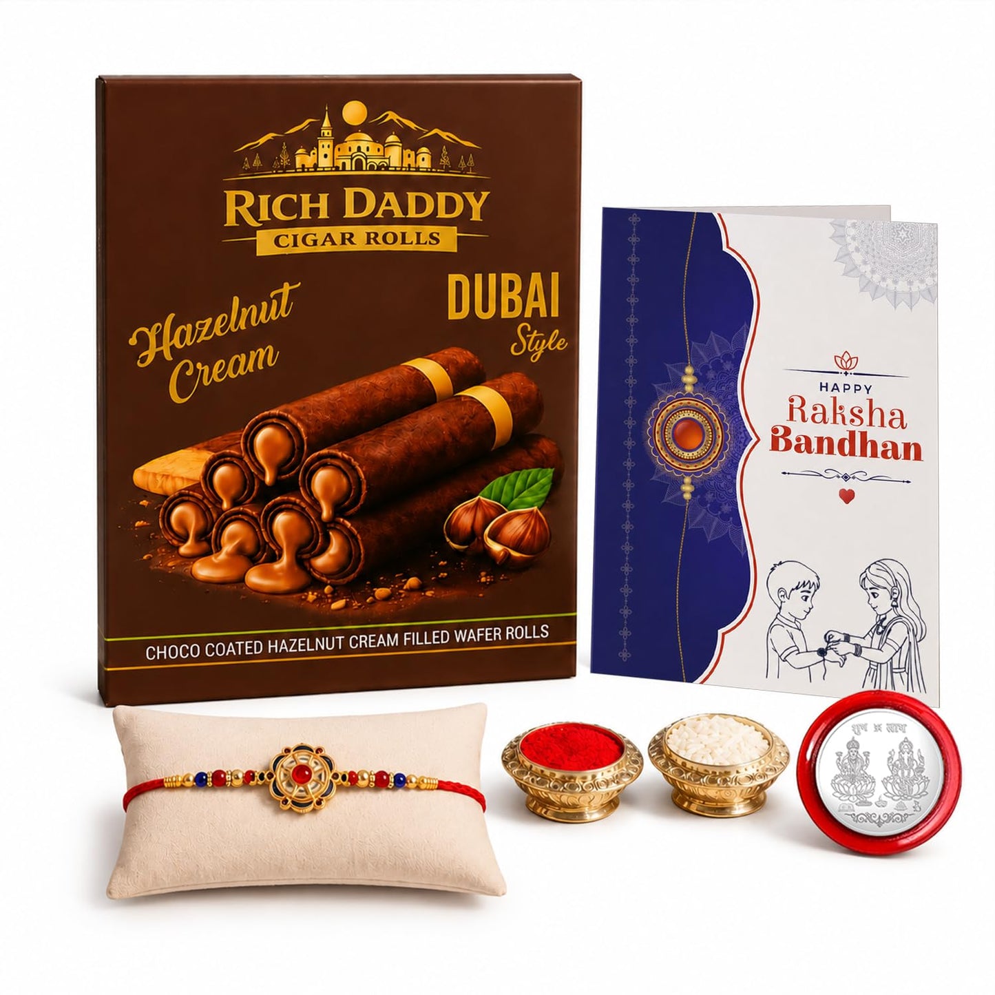 Floral Rakhi for Brother with Hazelnut Wafer Rolls, Roli Tikka & Card, Pack of 5