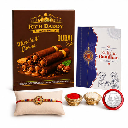 Floral Rakhi for Brother with Hazelnut Wafer Rolls, Roli Tikka & Card, Pack of 5