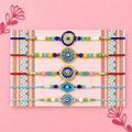 Designer Classic Rakhi for Brother with Roli Tikka, Pooja Coin & Card, Pack of 8