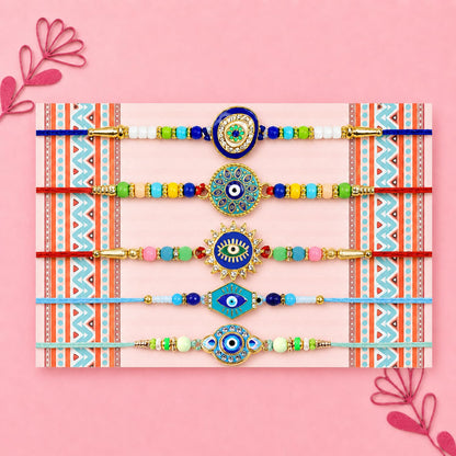 Designer Classic Rakhi for Brother with Roli Tikka, Pooja Coin & Card, Pack of 8