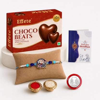 Peacock Rakhi for Brother with Choco Beats 32gm, Roli Tikka & Card | Pack of 5