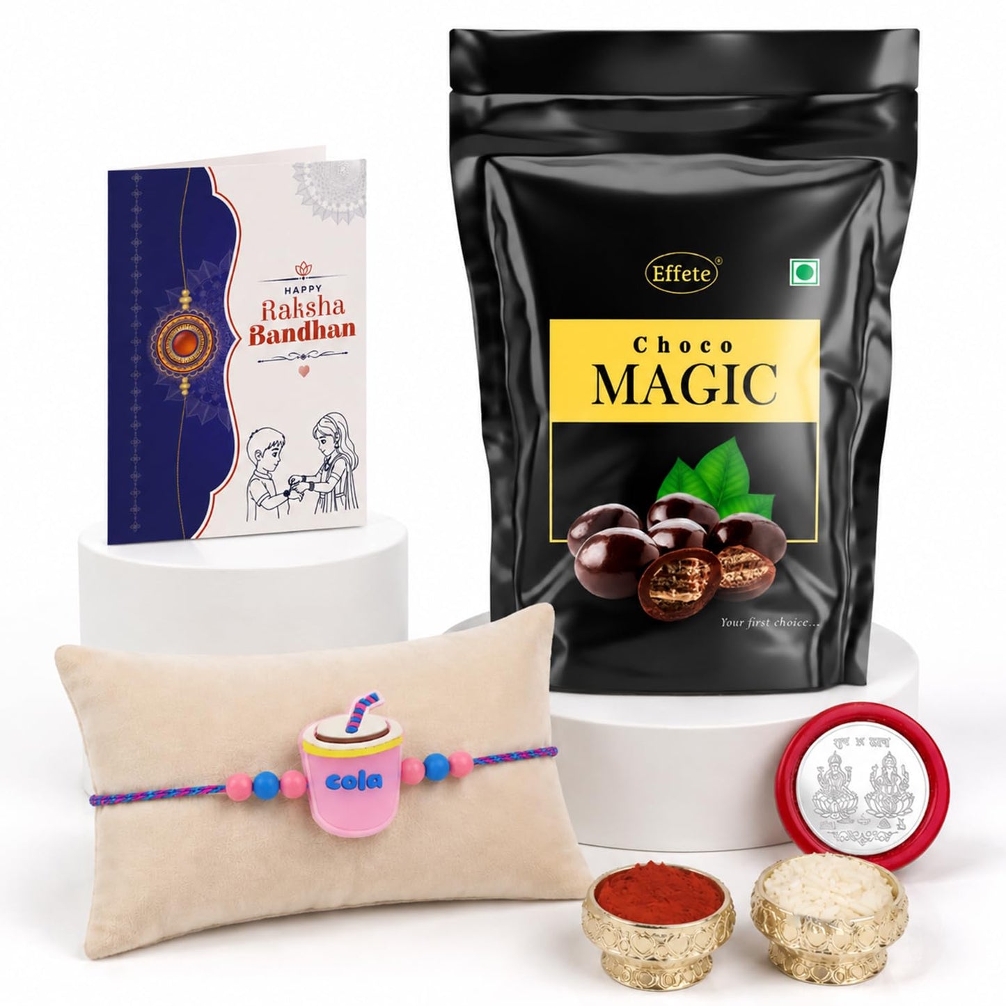 Mug Rakhi for Brother with Choco Magic Pouch, Roli Chawal & Card, Pack of 5