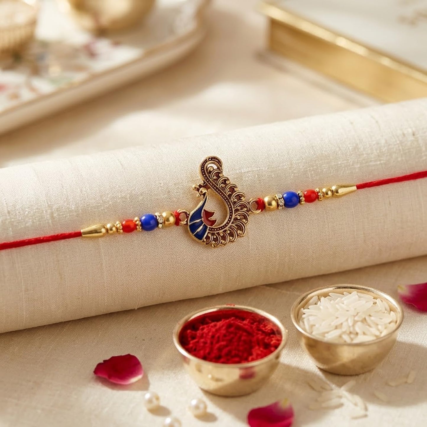 Swastik charm Rakhi for Brother with Chocolate Magic 32gm, Coin & Card, Pack of 6