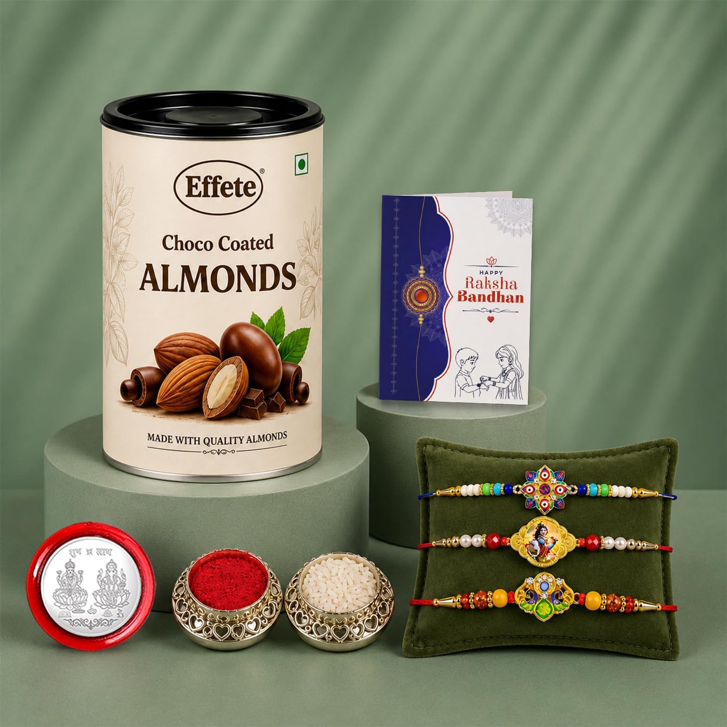 Evil Eye, OM, Krishna Rakhi Combo - Raksha Bandhan Gift with Choco Almonds 96gm, Pack of 7
