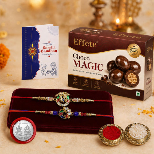 Peacock, Peacock Multicolor Rakhi & Chocolate Magic 96gm with Roli Chawal, Silver Color Pooja Coin & Greeting Card, Rakshbandhan Combo, Rakhi & Chocolate, Pack of 6 For Raksha Bandhan