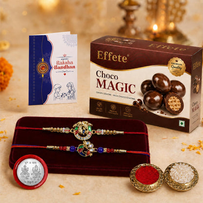 Peacock Rakhi for Brother with Choco Magic 96gm, Coin & Card, Pack of 6 | Trendy