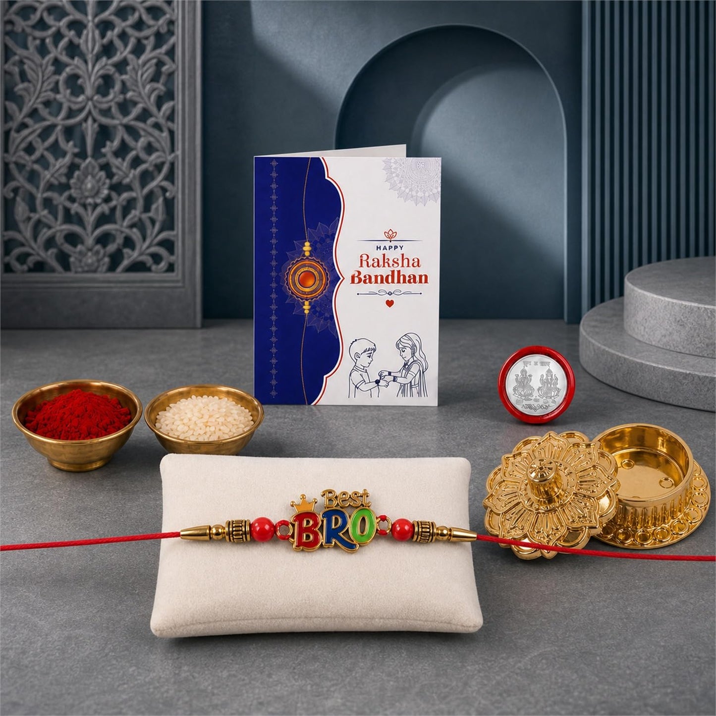 BRO Multicolor Rakhi for Brother & Bhaiya with Golden Pooja Kankavati | Pack of 5