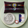 Raksha Bandhan Combo – Radhe Peacock Rakhi & Silver Pooja Thali