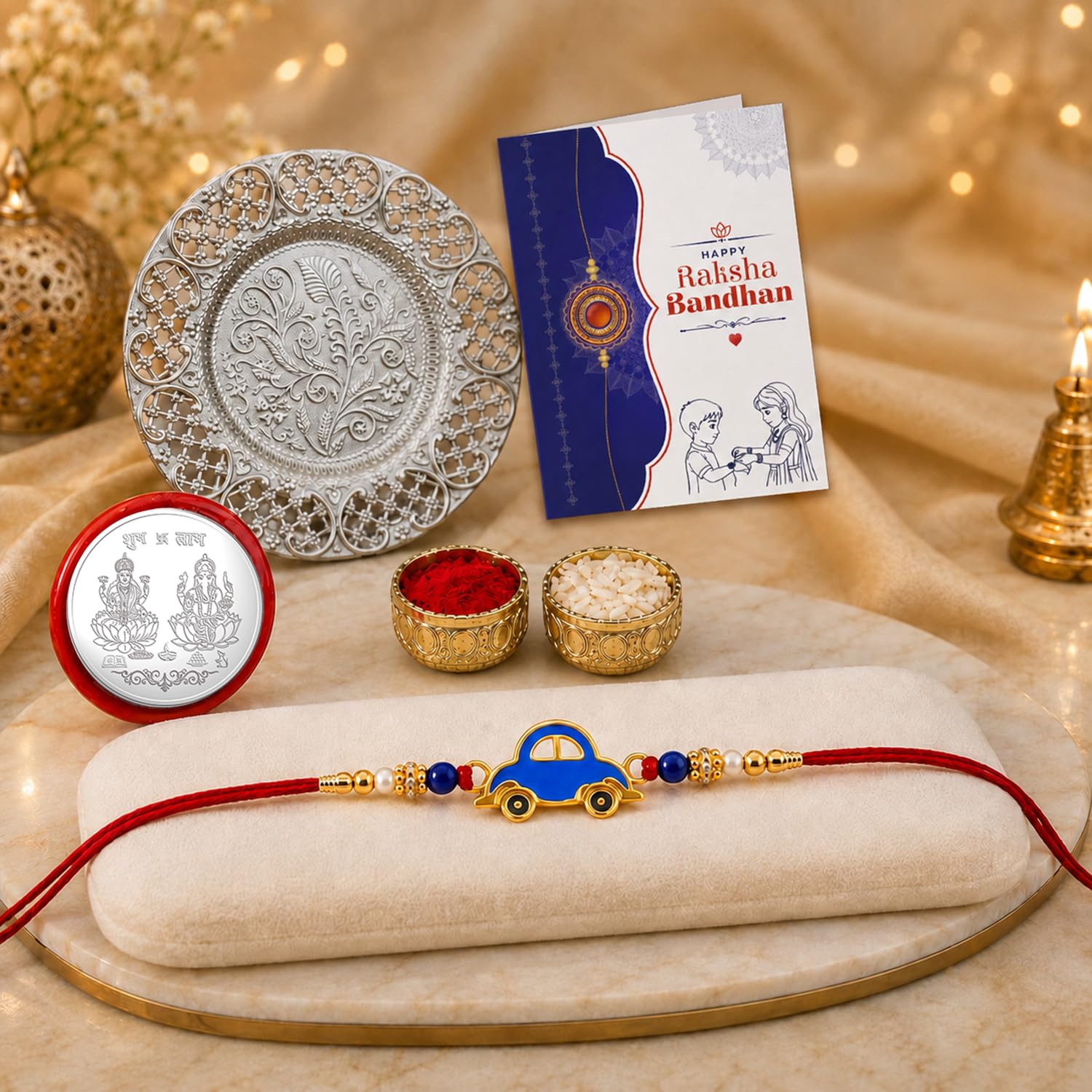 Kids Multicolor Rakhi for Brother & Bhaiya with Pooja Thali - Raksha | Pack of 5