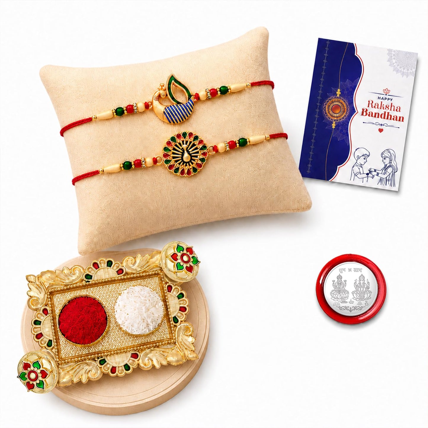 Peacock Multicolor Rakhi for Brother & Bhaiya with Rectangular Pooja | Pack of 6