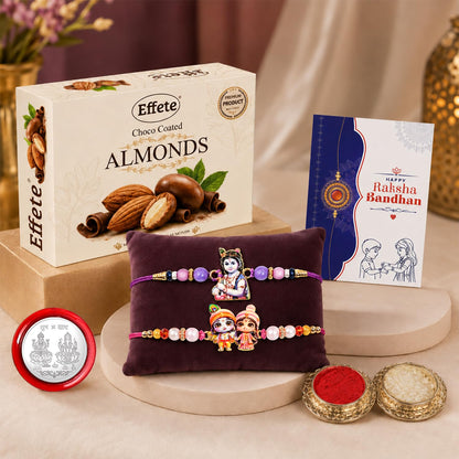 Krishna Radha Rakhi Combo - Raksha Bandhan Gift with Choco Almonds 32gm, Pack of 6