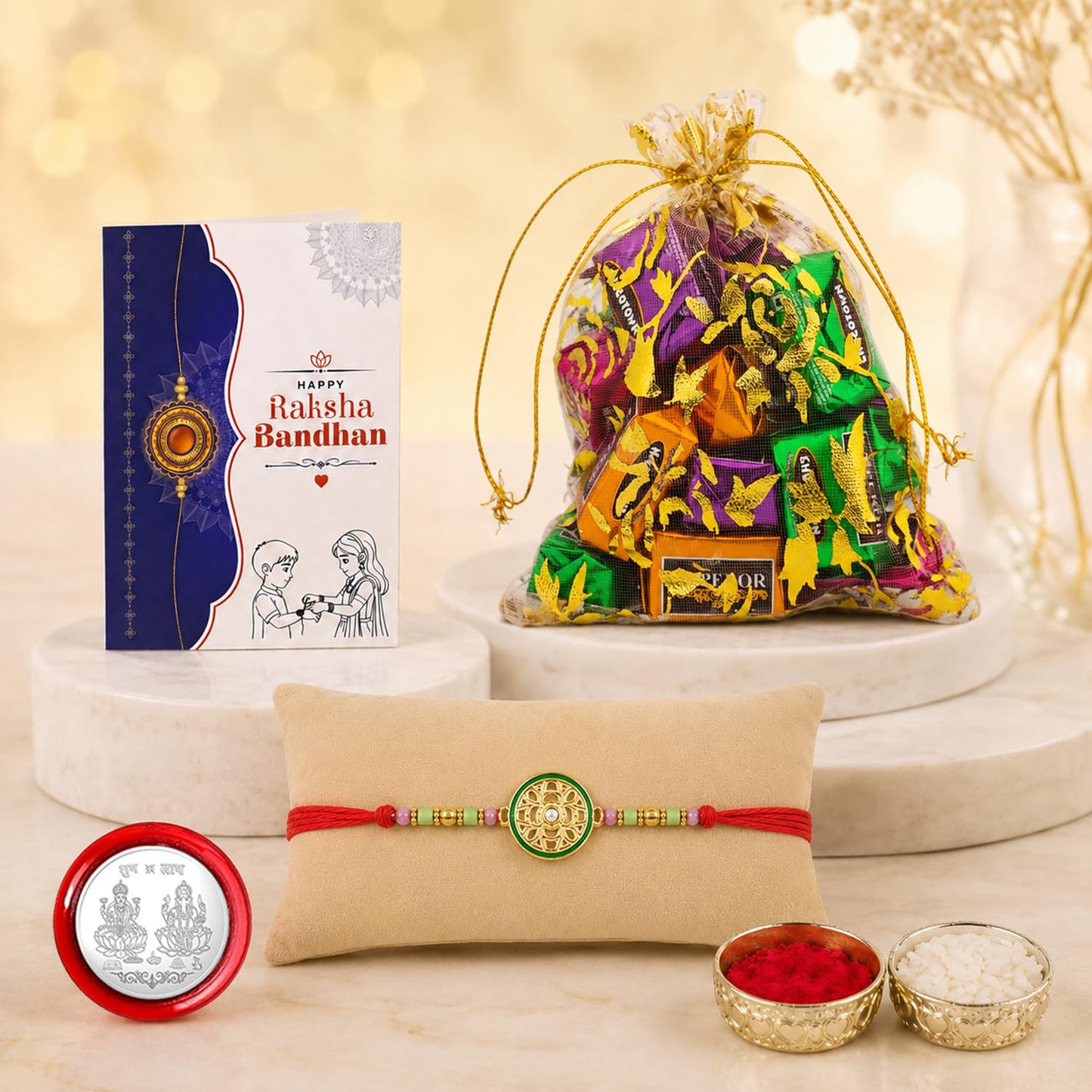 Floral Rakhi for Brother with Assorted Treats 10pcs, Roli Tikka & Card, Pack of 5