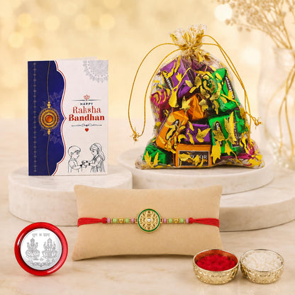 Floral Rakhi for Brother with Assorted Treats 10pcs, Roli Tikka & Card, Pack of 5