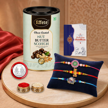 Ganesha, Peacock Rakhi Combo - Raksha Bandhan Gift with Choco Butterscotch 96gm, Pack of 7