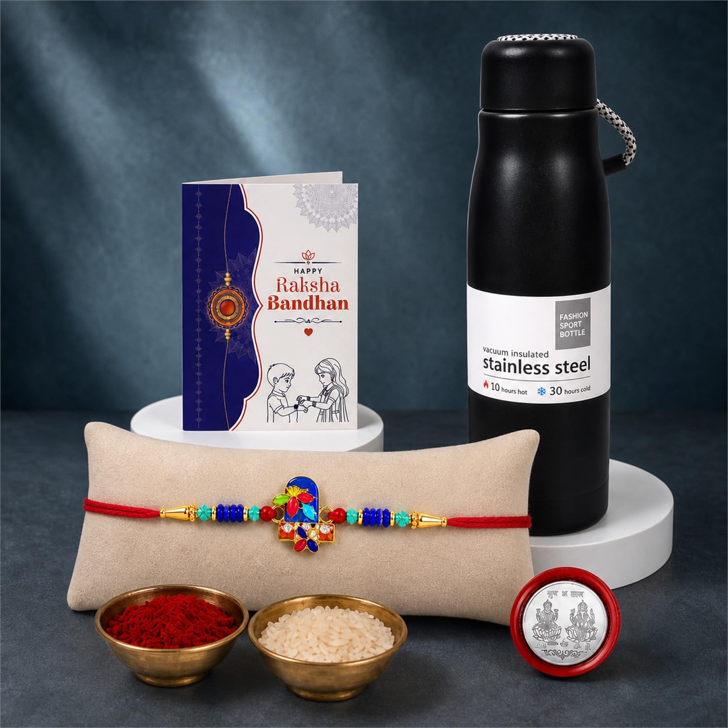 Shivling Multicolor Rakhi for Brother with Customized Vacuum Insulated Water