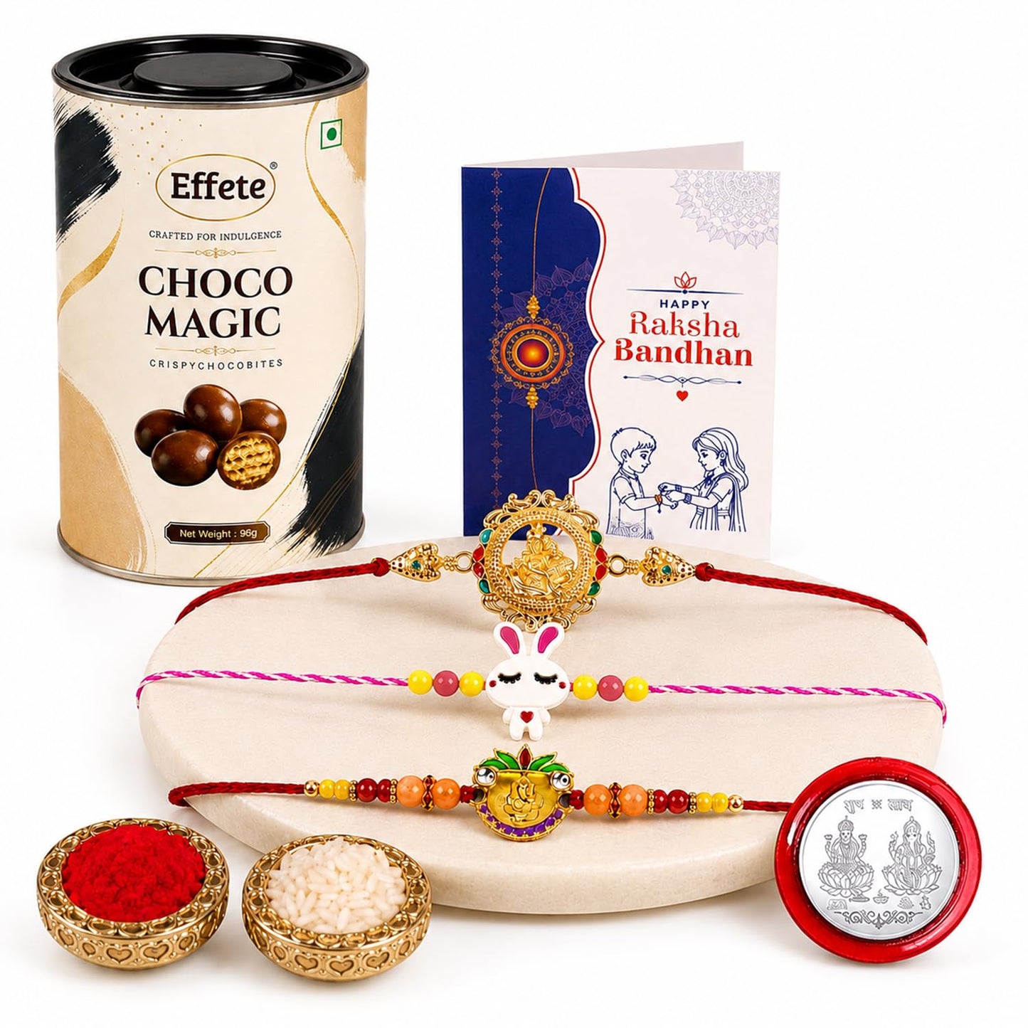 Deity Rakhi for Brother with Choco Magic 96gm, Coin & Card, Pack of 7 | Trendy