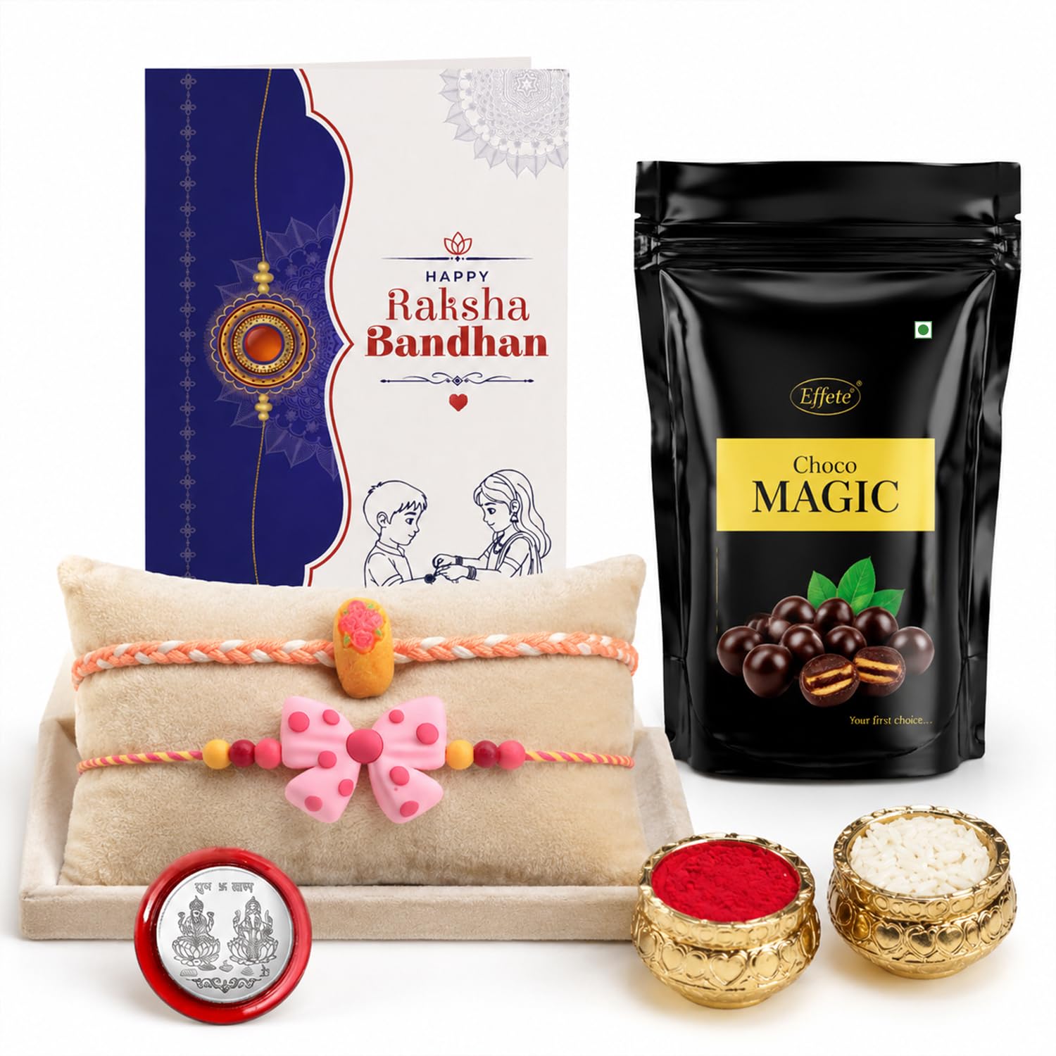 Bow Rakhi for Brother with Choco Magic Standy Pouch, Roli Tikka & Card, Pack of 6
