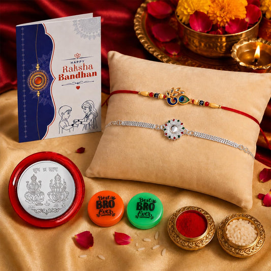 Rakhi Set for Brother (Set of 2) – Peacock and Sunflower Shape Rakhi Combo with Roli Chawal, Silver Color Coin, Multicolour Magnets and Greeting Card – Raksha Bandhan Gift Hamper for Bhai