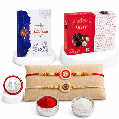Elegant Rakhi for Brother with Choco Magic 32gm, Roli Chawal & Card, Pack of 5