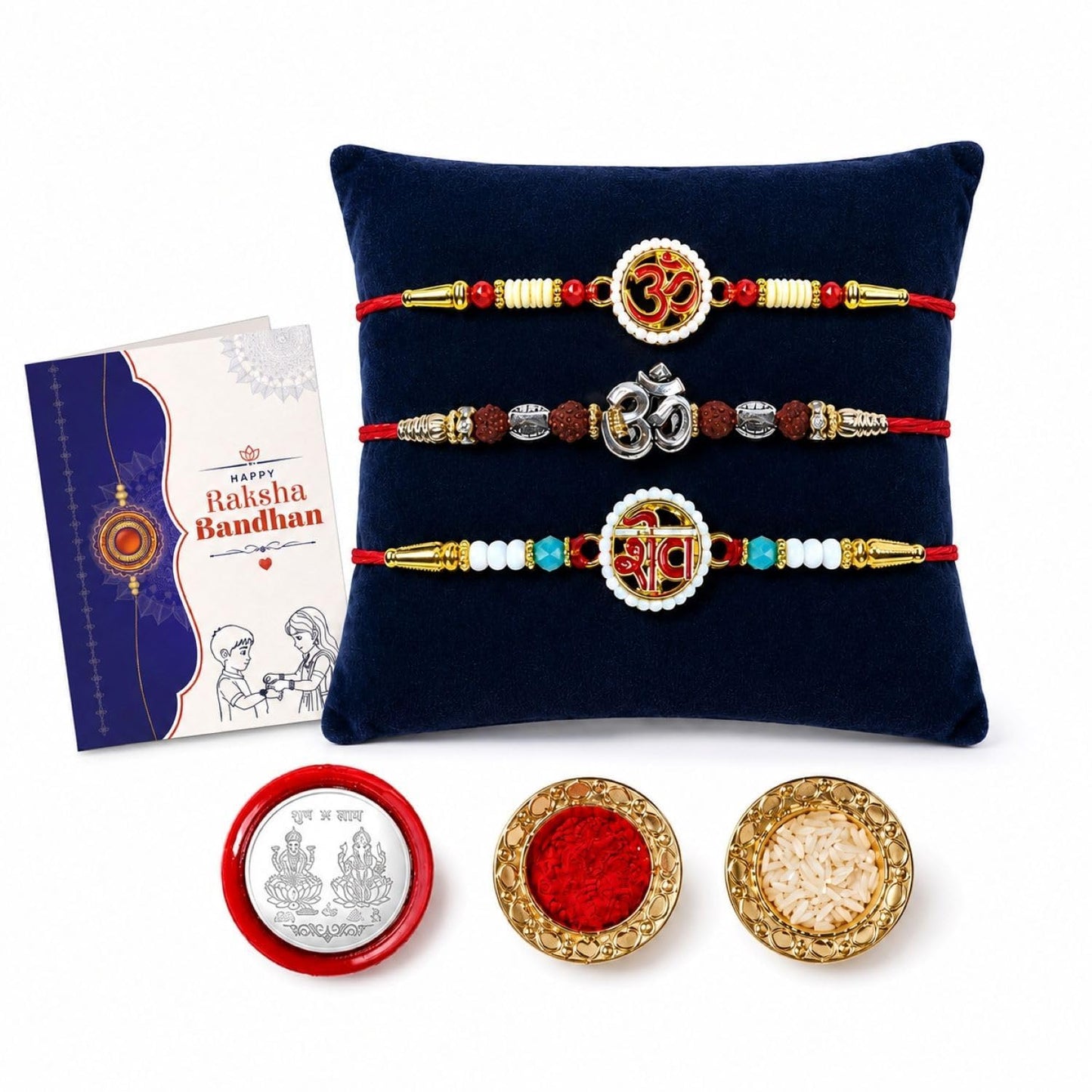 Krishna Beads Rakhi for Brother with Tilak Set, Pooja Coin & Card, Rakhi Set (V2)