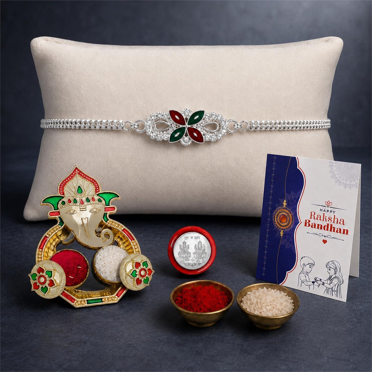 Silver Color Multicolor Rakhi for Brother & Bhaiya with Shri Ganesh | Pack of 5
