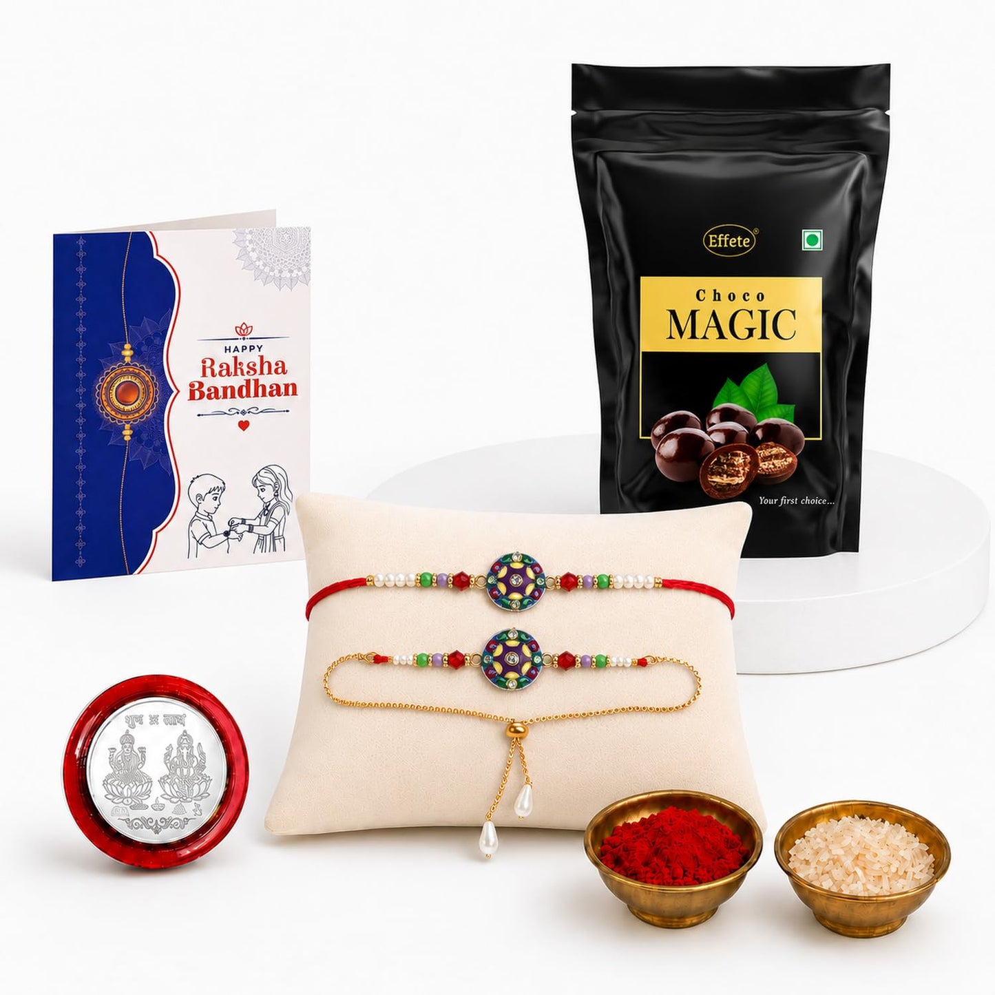 Rakhi for Brother with Chocolate Magic Pouch - Raksha Bandhan Gift Set, Pack of 5