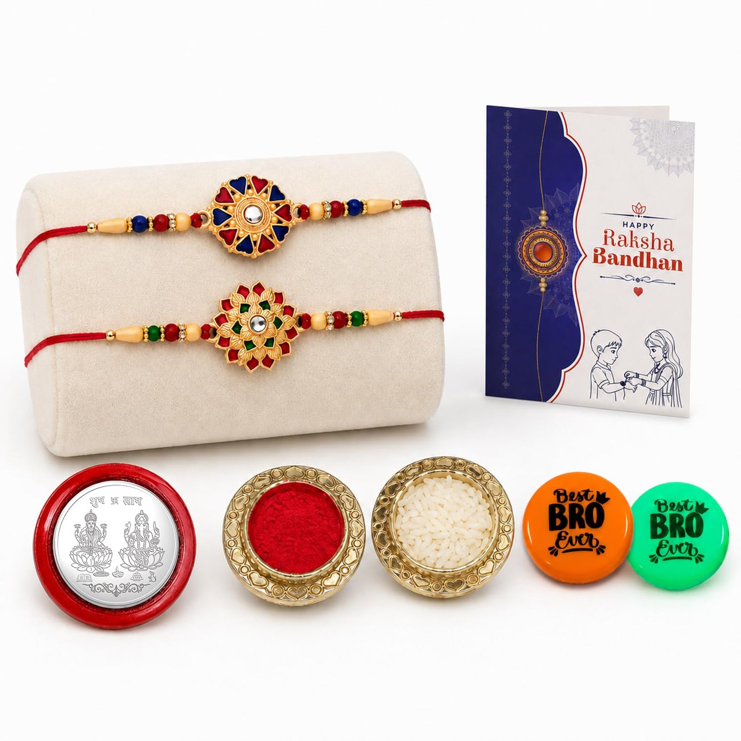 Rakhi Set for Brother (Set of 2) – Elegant Designer Rakhi Combo with Roli Chawal, Silver Color Coin, Multicolour Magnets and Greeting Card – Traditional Raksha Bandhan Gift Hamper for Bhai