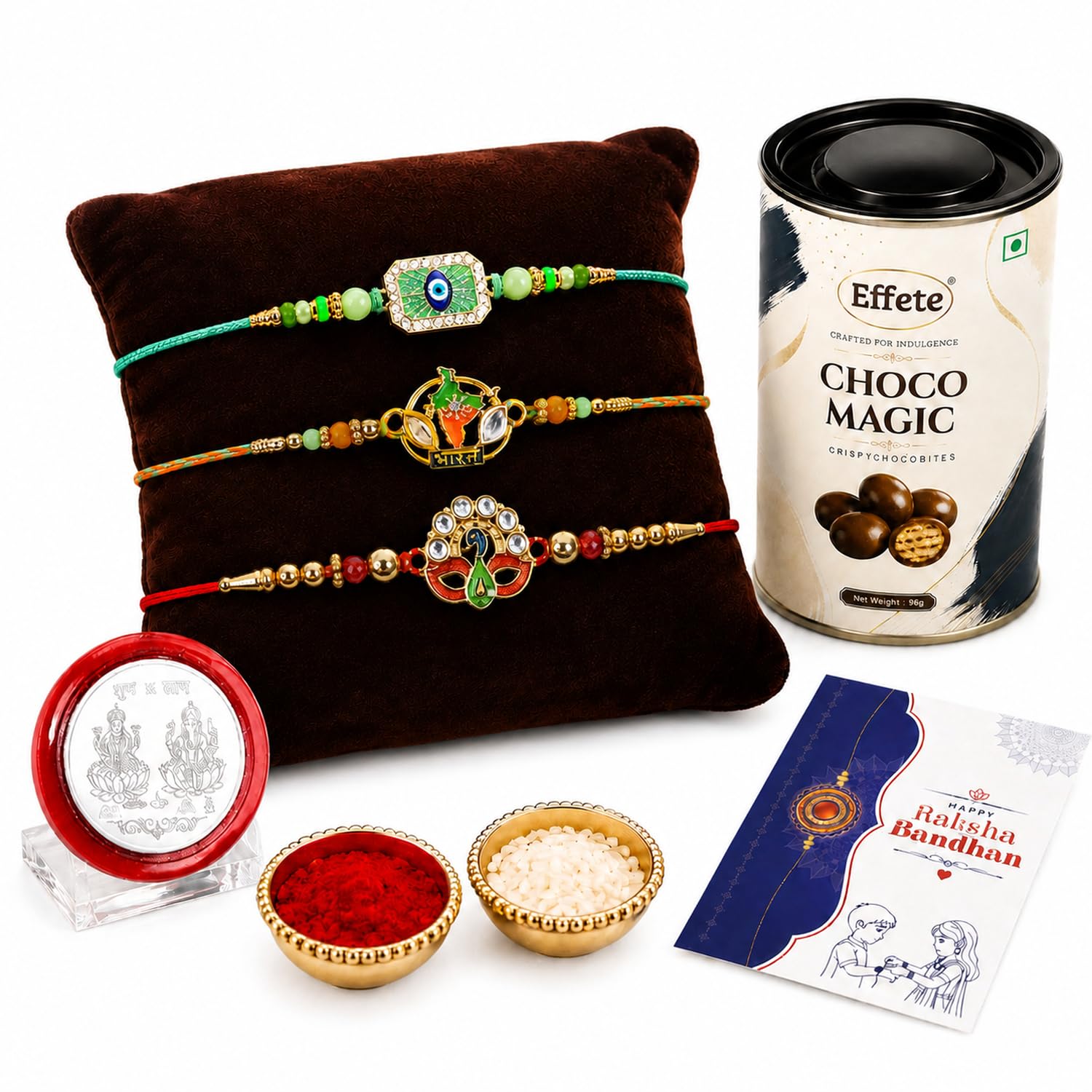 Peacock Rakhi for Brother with Choco Magic 96gm, Roli Tikka & Card - Pack of 7