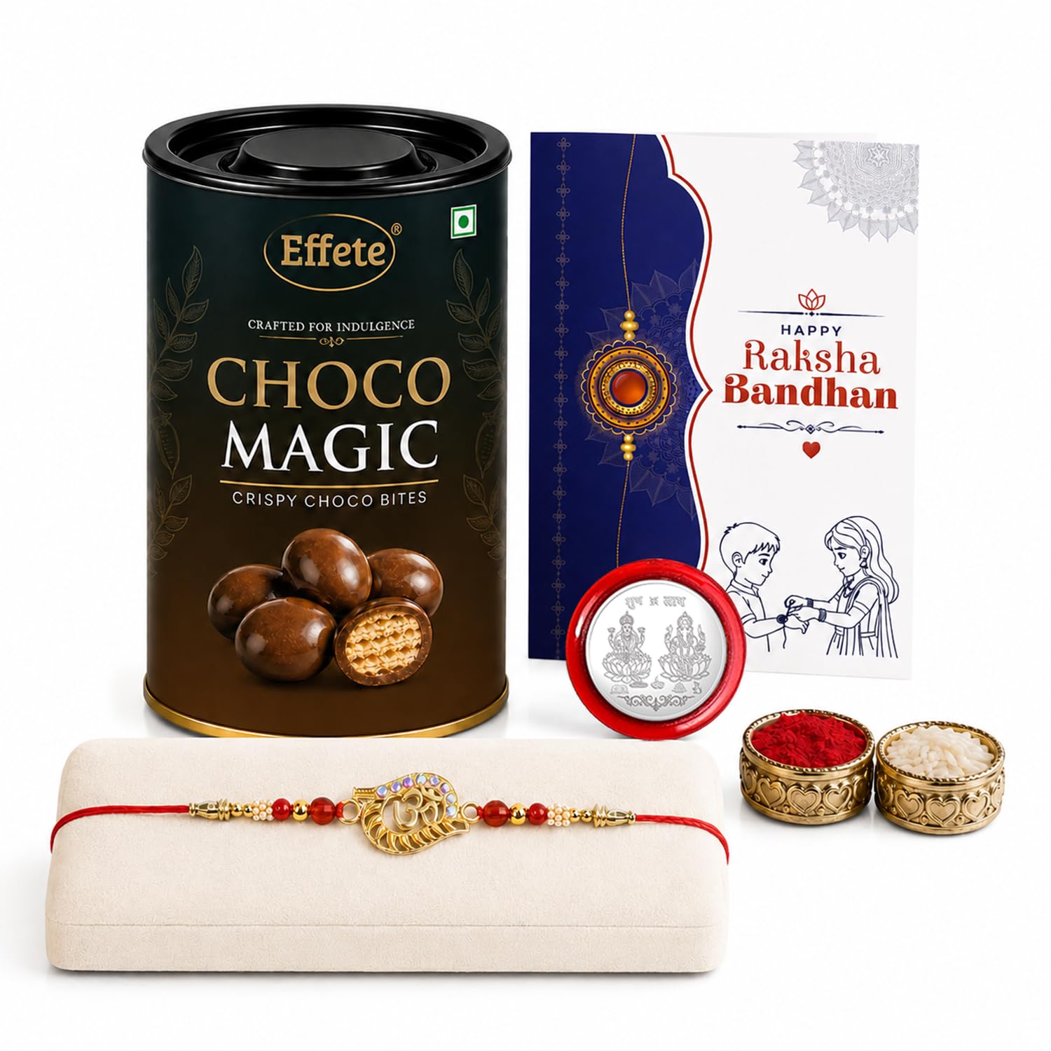 Om Rakhi for Brother with Chocolate Magic 96gm, Roli Tikka & Card - Pack of 5
