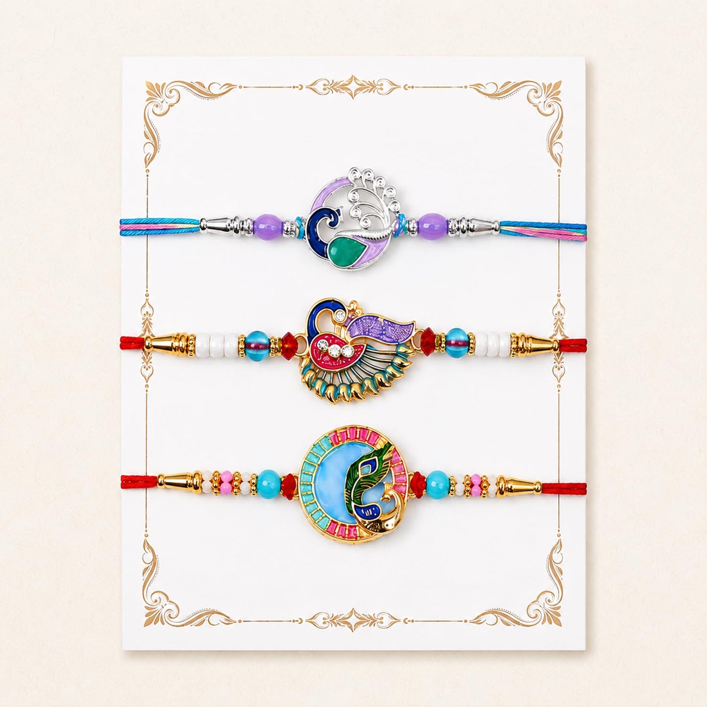Designer Trendy Multicolor Peacock Rakhi for Brother with Roli Tikka, Pack of 6