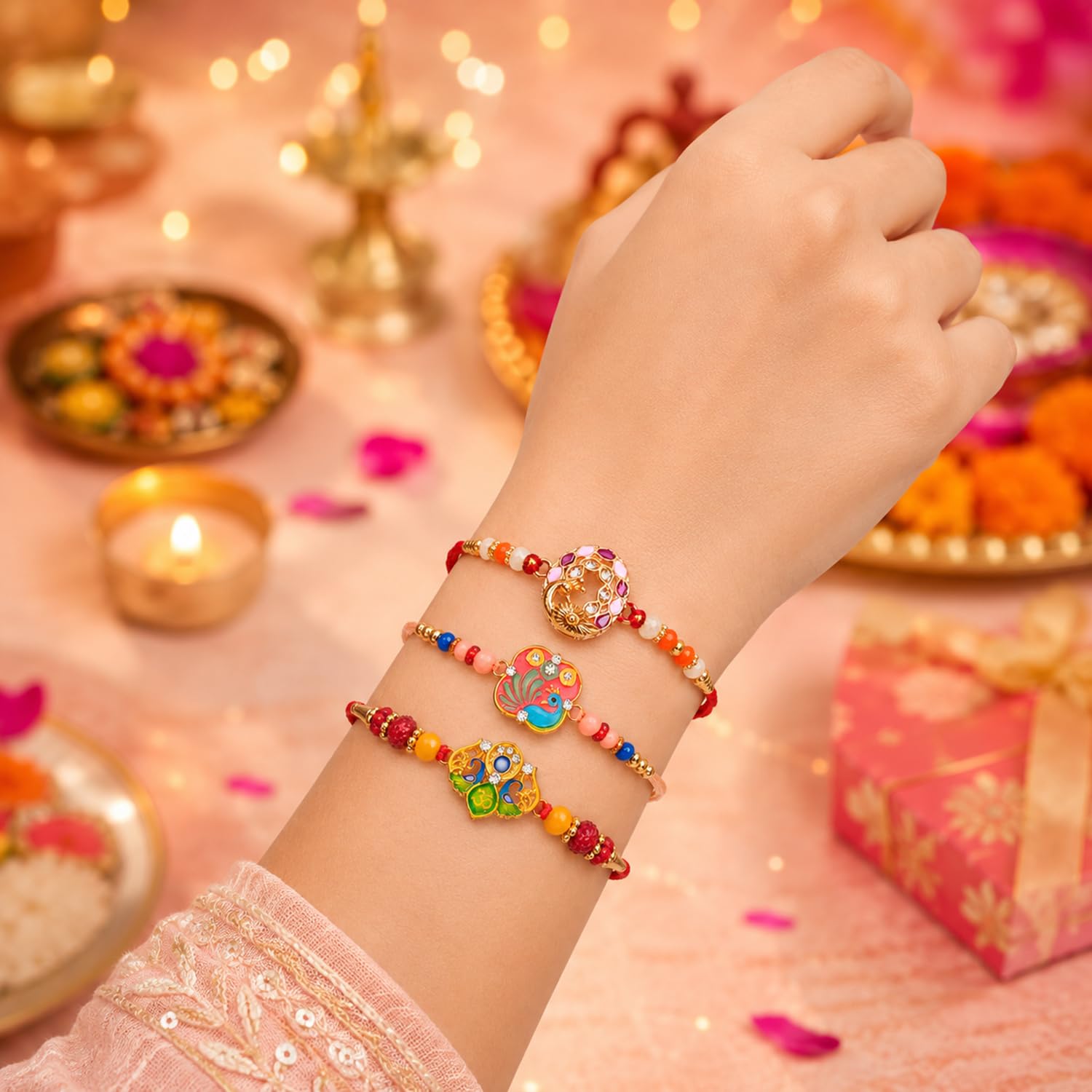 Designer Elegant Multicolor Peacock Rakhi for Brother with Roli Tikka | Pack of 6