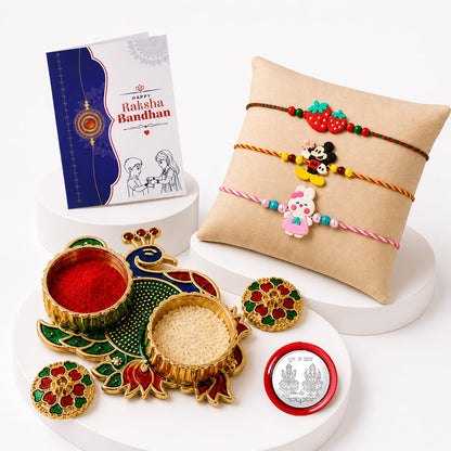 Fruit, Kids Multicolor Rakhi for Brother & Bhaiya with Peacock Shape | Pack of 7